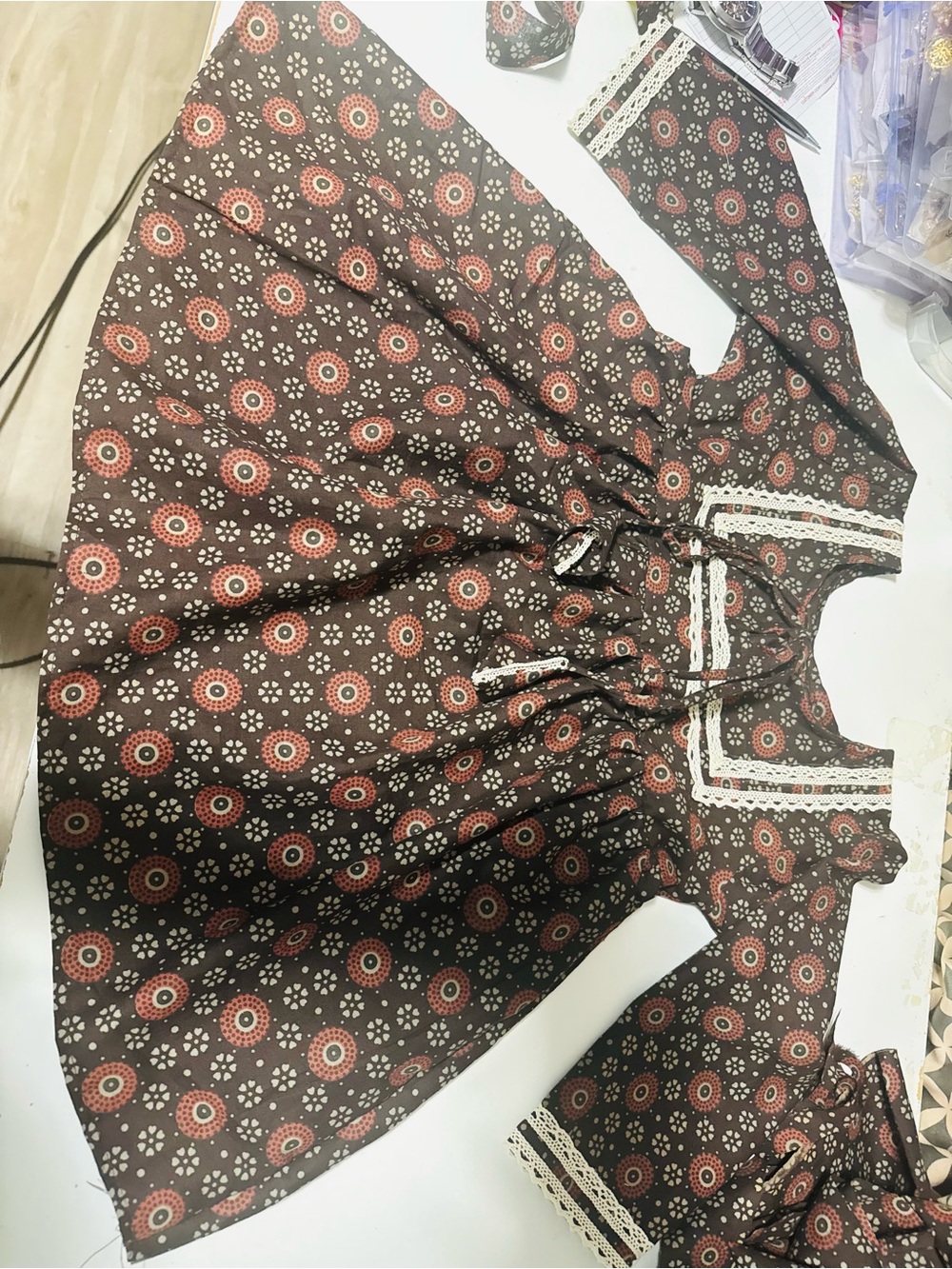 Brown Floral Lace-Trim Kids kurti/dress